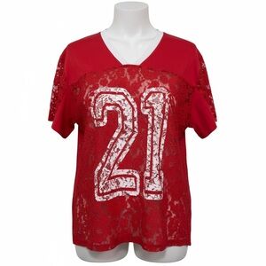 Red Lace V-Neck Jersey with White '21' Graphic